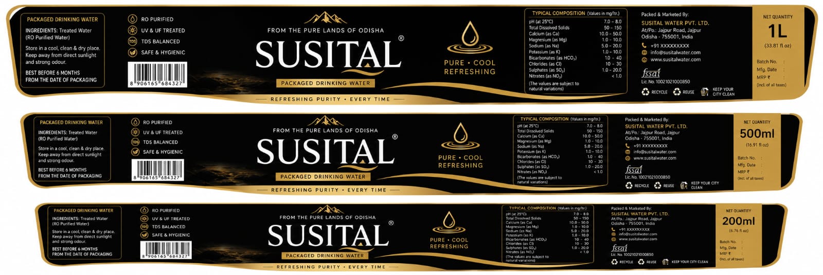 SUSITAL Packaged Drinking Water label